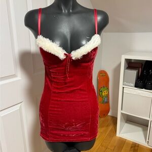 Velvet Holiday Chemise with Faux-Fur Trim - Red